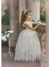 Beaded Ivory Lace Wrinkled Chiffon Ruffled Flower Girl Dress